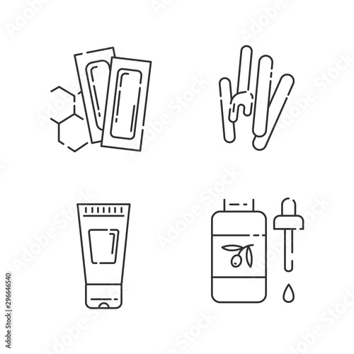 Waxing tools linear icons set. Hot, soft wax strips with spatula. Hair removal equipment. Lotion, oil for depilation. Thin line contour symbols. Isolated vector outline illustrations. Editable stroke