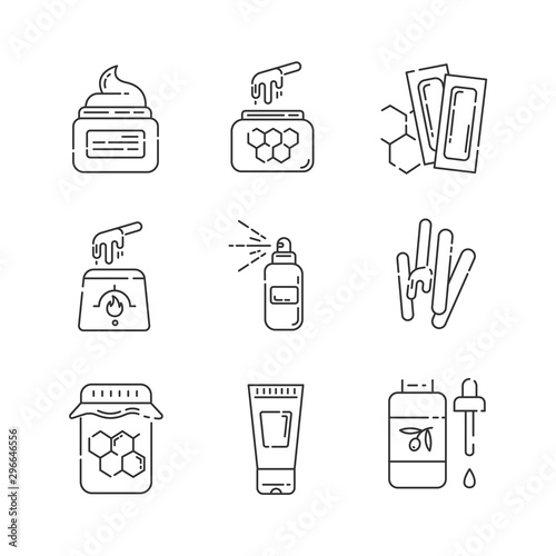 Waxing equipment linear icons set. Natural hot honey wax strips with spatula. Hair removal. Body lotion, spray, oil. Thin line contour symbols. Isolated vector outline illustrations. Editable stroke