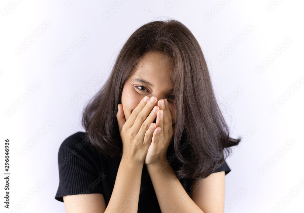 Short haired girl Wearing a black T-shirt Laughing joyfully on the White Blackground Short haired girl Wearing a black T-shirt Laughing joyfully on the White Blackground