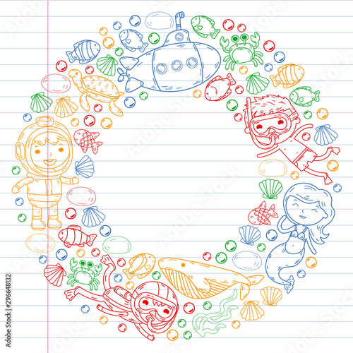 Underwater. Kids waterpark. Sea and ocean adventure. Summertime. Kids drawing. Doodles image. Cartoon creatures with children. Boys and girls swimming