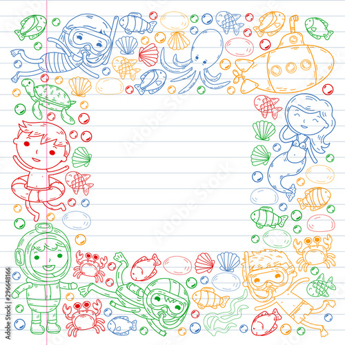 Underwater. Kids waterpark. Sea and ocean adventure. Summertime. Kids drawing. Doodles image. Cartoon creatures with children. Boys and girls swimming