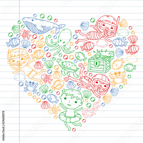 Underwater. Kids waterpark. Sea and ocean adventure. Summertime. Kids drawing. Doodles image. Cartoon creatures with children. Boys and girls swimming