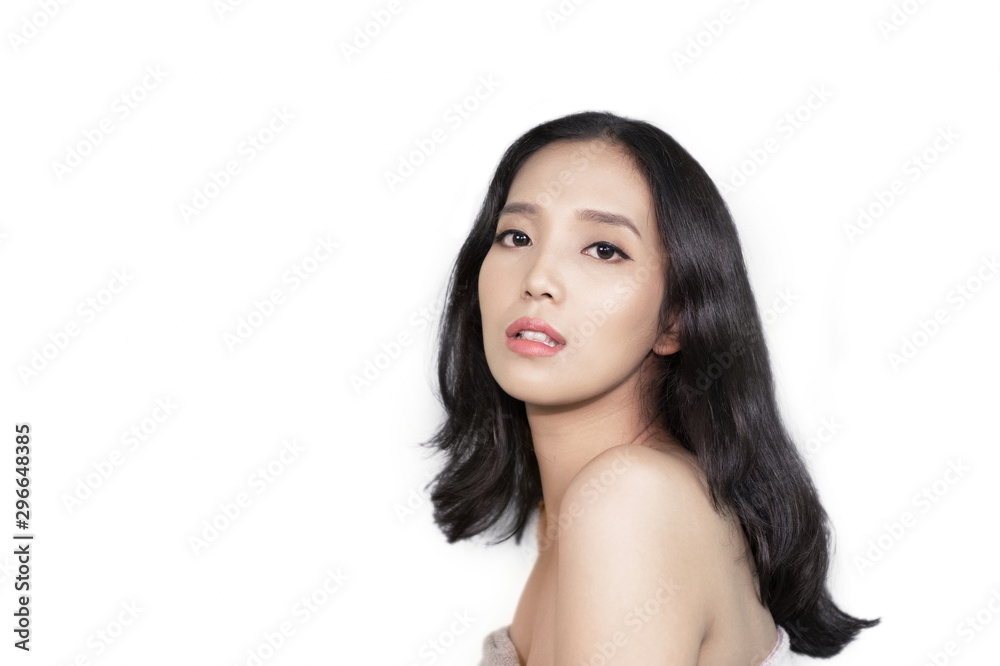 Girl's face Show facial organs and skin on a white background under the concept of beauty, cosmetic products and women Girl's face Show facial organs and skin on a white background under the concept of beauty, cosmetic products and women