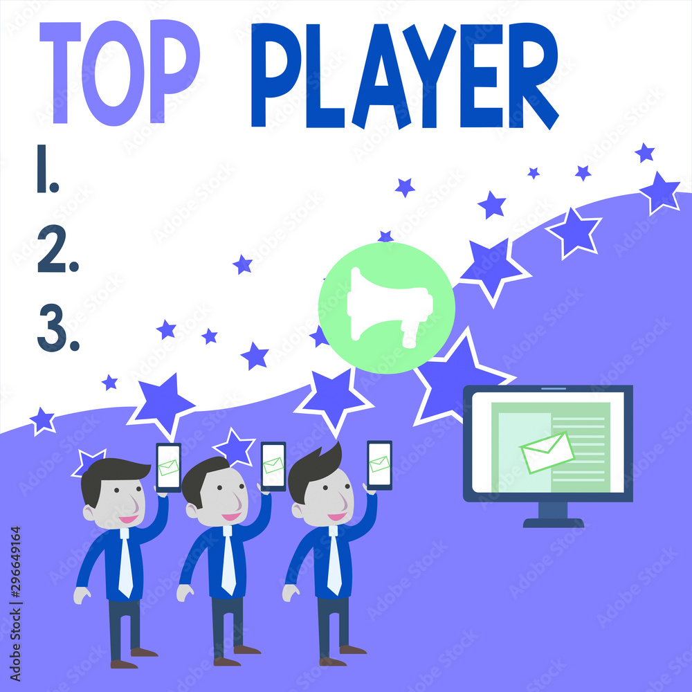 Conceptual hand writing showing Top Player. Concept meaning being best in sports game like football or electronic ones SMS Email Marketing Media Audience Attraction PC Loudspeaker Conceptual hand writing showing Top Player. Concept meaning being best in sports game like football or electronic ones SMS Email Marketing Media Audience Attraction PC Loudspeaker