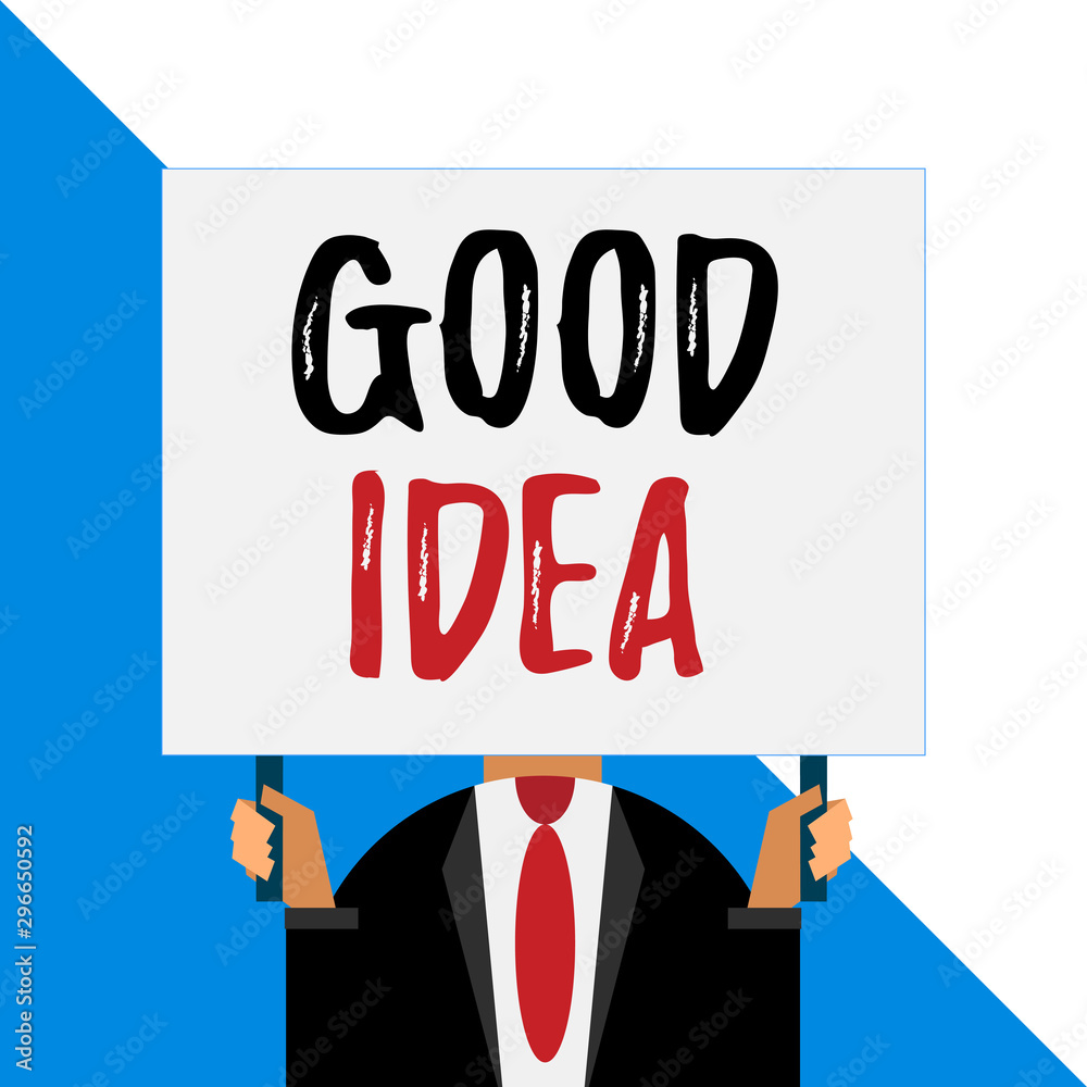 Conceptual hand writing showing Good Idea. Concept meaning State of huanalysis brain to bring great intelegence towards something Man chest dressed dark suit tie face holding big rectangle Conceptual hand writing showing Good Idea. Concept meaning State of huanalysis brain to bring great intelegence towards something Man chest dressed dark suit tie face holding big rectangle
