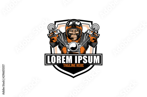 monkey biker with helmet ride motorcycle vector badge logo template