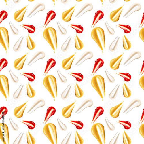 Seamless pattern. Sauces, including ketchup, mustard mayonnaise on white background