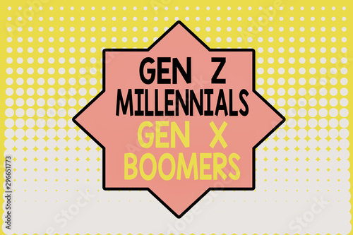 Writing note showing Gen Z Millennials Gen X Boomers. Business concept for Generational differences Old Young showing Vanishing dots middle background design. Gradient Pattern. Futuristic
