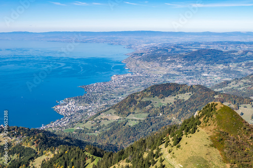 Beautiful landscape photography of the Lake Geneva (Lac Leman), Switzerland. Shot from the Rochers de Naye (Rocks). Incredible blue water