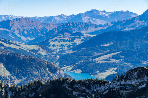 Panoramic view of Swiss Alps from top of Rochers-de-Naye, near Montreux, Canton of Vaud, Switzerland.