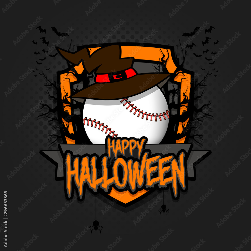 Naklejka premium Baseball ball with witch hat and happy Hallowen