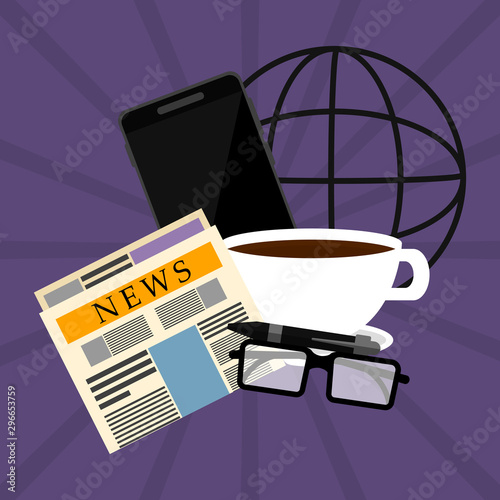 Newspaper with a coffee cup, smartphone, glasses and a pen. News concept- Vector