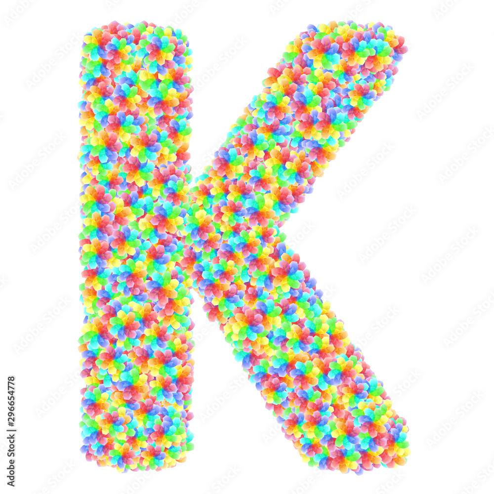 Alphabet symbol letter K composed of colorful glass flowers
