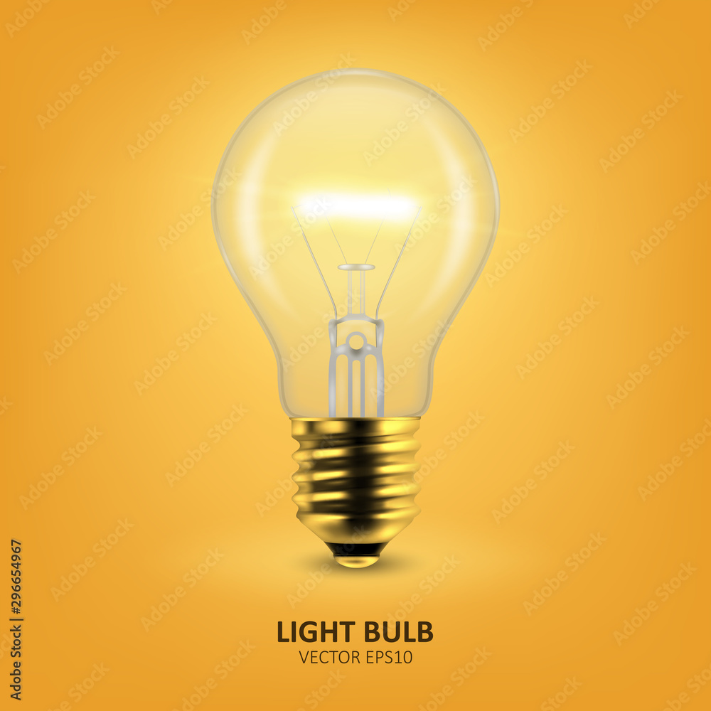 Vector 3d Realistic Golden Turning On Light Bulb Icon Closeup on Yellow Background. Design Template, Clipart. Glowing Incandescent Filament Lamps. Creativity Idea, Business Innovation Concept Vector 3d Realistic Golden Turning On Light Bulb Icon Closeup on Yellow Background. Design Template, Clipart. Glowing Incandescent Filament Lamps. Creativity Idea, Business Innovation Concept