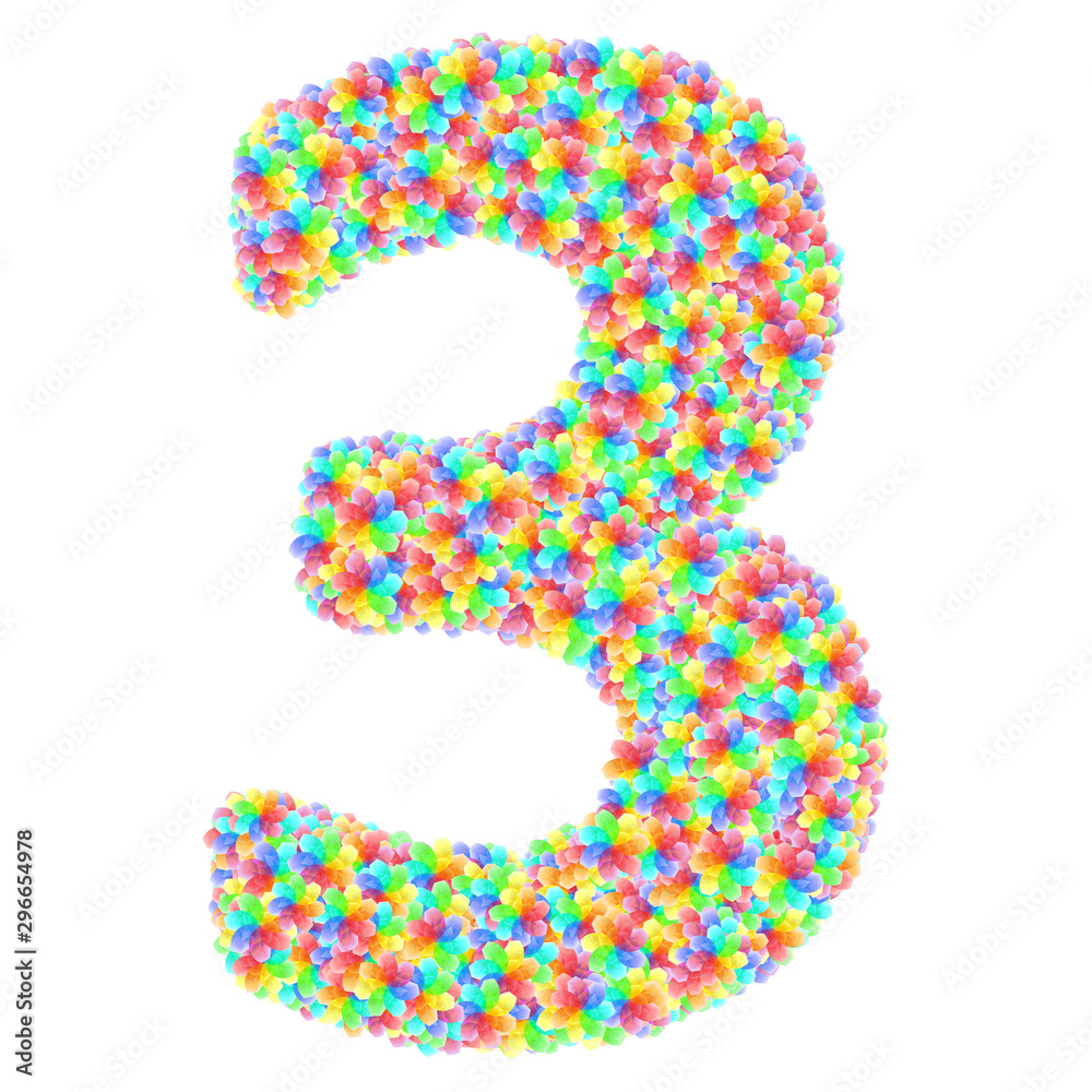 Alphabet symbol number 3 composed of colorful glass flowers Alphabet symbol number 3 composed of colorful glass flowers