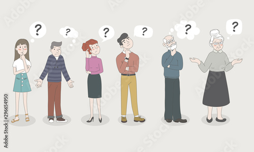 People - Teen Girl, Boy, Woman, Man, Old Men, Old Woman - are Shrugging, Thinking Confused with a Curious Expression - I don t know. Emotion and Question mark. Hand Drawn, Flat Cartoon Characters