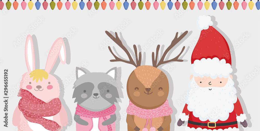 Obraz cute santa reindeer raccoon and bunny lights garland merry christmas card