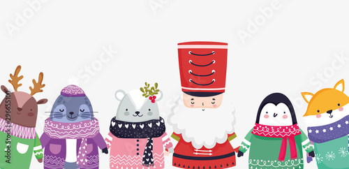 cute santa and animals merry christmas card