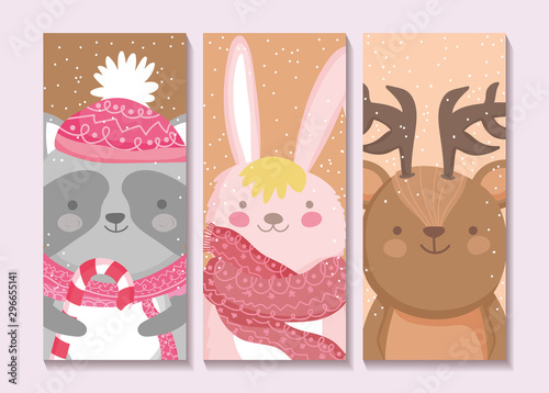 rabbit raccoon and deer snow hat merry christmas