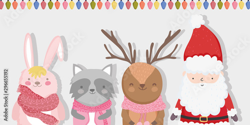 cute santa reindeer raccoon and bunny lights garland merry christmas card © Stockgiu