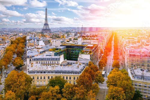 Autumn skyline of Paris with Eiffel Tower in Paris, France. Eiffel Tower is one of the most iconic landmarks of Paris. Architecture and landmarks of Paris.