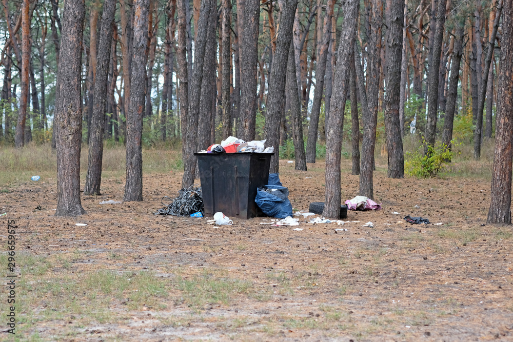 An iron litter bin stands in a coniferous forest. An iron urn is filled with garbage, garbage is lying around. Environmental protection, garbage disposal. An iron litter bin stands in a coniferous forest. An iron urn is filled with garbage, garbage is lying around. Environmental protection, garbage disposal.