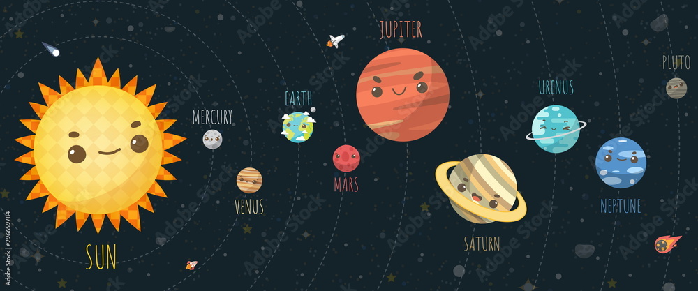 Set of Universe, Solar system planet and space element on universe background. Vector illustration in cartoon style. Set of Universe, Solar system planet and space element on universe background. Vector illustration in cartoon style.