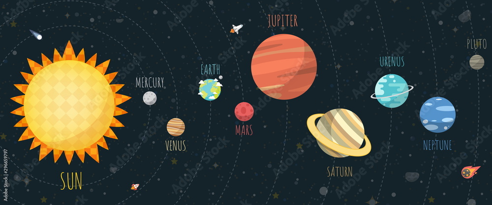 Fototapeta Zestaw wszechświata, planety Układu Słonecznego i elementu przestrzeni na tle wszechświata. Ilustracja wektorowa w stylu cartoon.