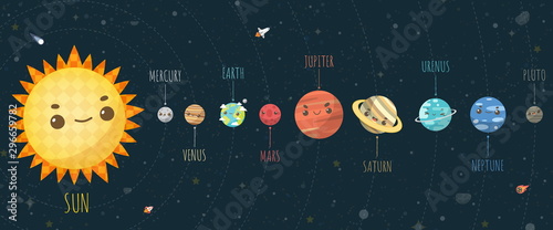 Set of Universe, Solar system planet and space element on universe background. Vector illustration in cartoon style.
