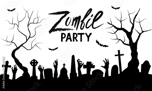 Black silhouette of cemetery, graveyard, trees and hand drawn lettering Zombie party on a white background. Nightmare landscape. Halloween vector illustration for sticker, banner, invitation, poster