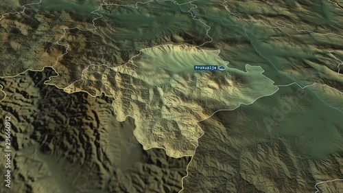 Toplički - district of Serbia with its capital zoomed on the physical map of the globe. Animation 3D photo