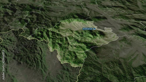 Toplički - district of Serbia with its capital zoomed on the satellite map of the globe. Animation 3D photo