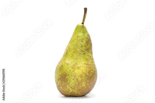 One whole fresh green pear conference isolated on white background