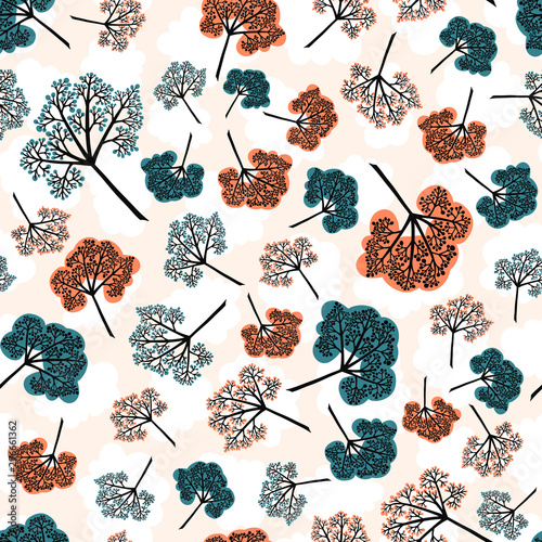 Seamless pattern of orange and teal berry sprigs or clusters on a light background with cloud silhouettes in autumn colors. Perfect for wrapping paper, textile, fabric and backdrops. Vector.