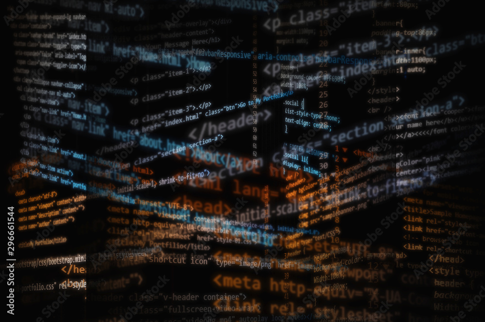 Cluttered random HTML codes for website development. White, yellow, and blue gradient effect in black background for overlay. Cluttered random HTML codes for website development. White, yellow, and blue gradient effect in black background for overlay.