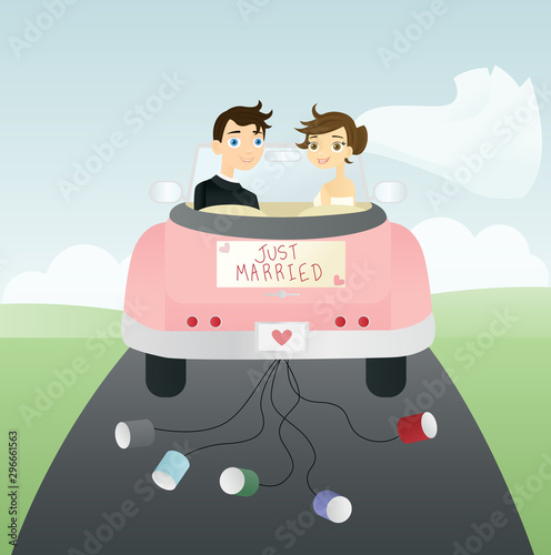 Bride and groom in car