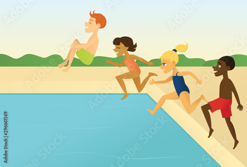 Kids jumping into a pool