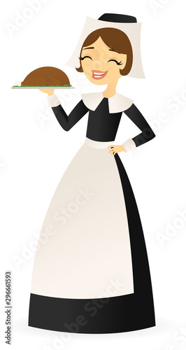 Pilgrim woman holding a turkey