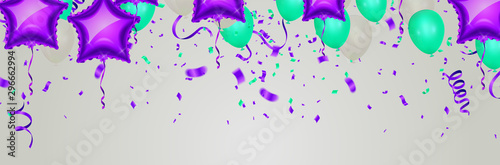 Colorful confetti Celebration carnival ribbons and Happy Birthday balloons Colorful celebration background