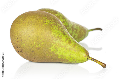 Group of two whole fresh green pear isolated on white background