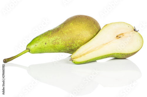 Group of one whole one half of fresh green pear isolated on white background photo