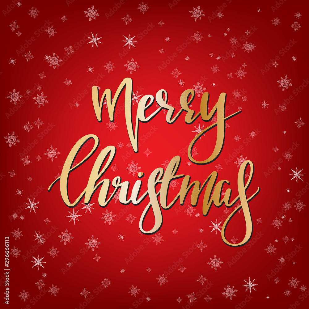 Merry christmas calligraphy on red background with snow , Hand writing