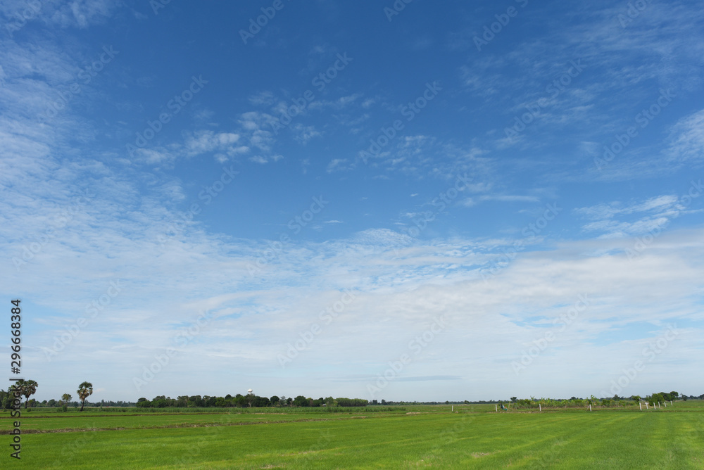 Blue sky background with green fields and white clouds. Blue sky background with green fields and white clouds.