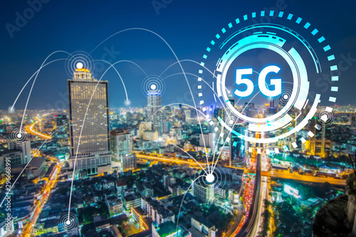 5G network digital and internet of things on city background.5G network wireless system Concept.