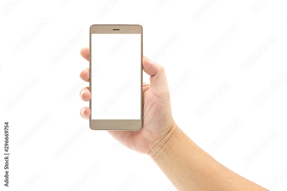 One white hand holding a metal blank smartphone isolated on white background