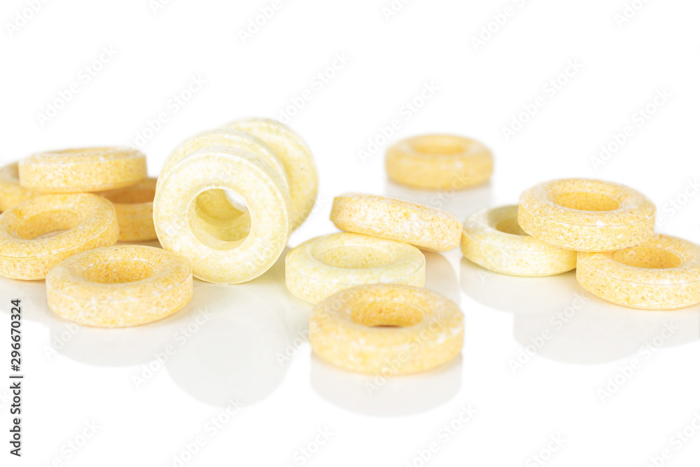 Lot of whole bright round pale yellow candy isolated on white background Lot of whole bright round pale yellow candy isolated on white background