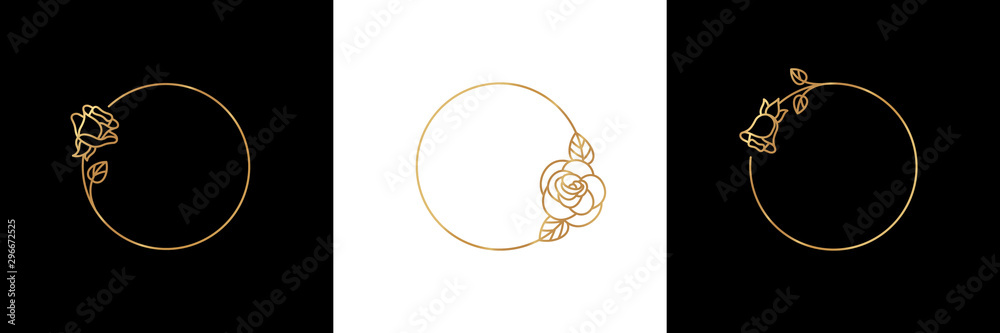 Set Rose Flower gold frame badge and icon in trendy linear style - Vector Logo Emblem of Rosebud - obrazy, fototapety, plakaty 