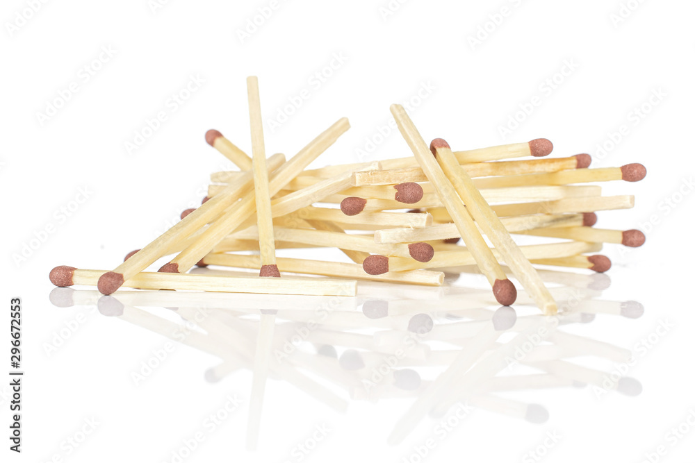 Lot of whole wooden brown safety match isolated on white background Lot of whole wooden brown safety match isolated on white background