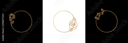 Set Rose Flower gold frame badge and icon in trendy linear style - Vector Logo Emblem of Rosebud