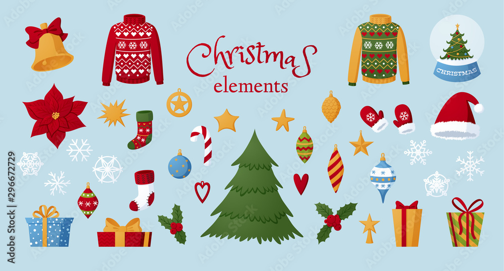 Cute hand drawn Christmas holiday characters and decorative elements collection.